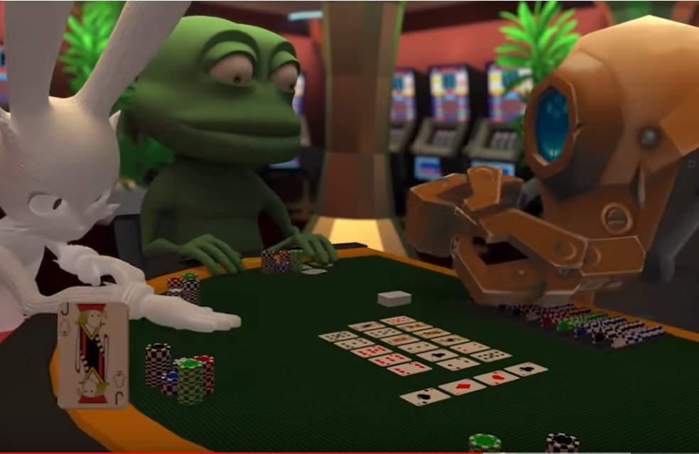 A frog, rabbit and robot gambling at a casino in Decentraland